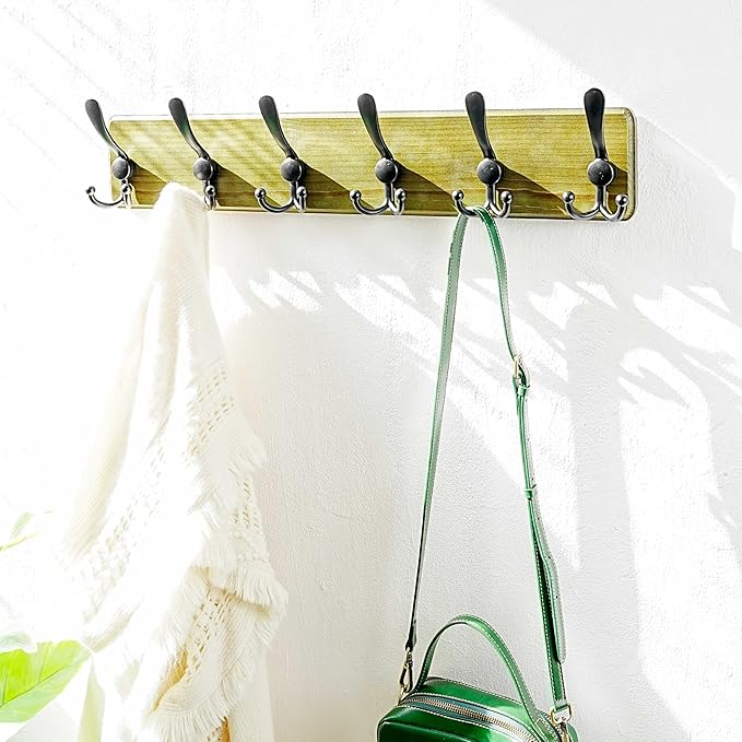 Dseap Coat Rack Wall Mounted - 24" Long 6 Tri Hooks, Heavy Duty Wooden Wall Coat Hanger Coat Hook for Clothes Hat Jacket Clothing, Weathered Green and Black