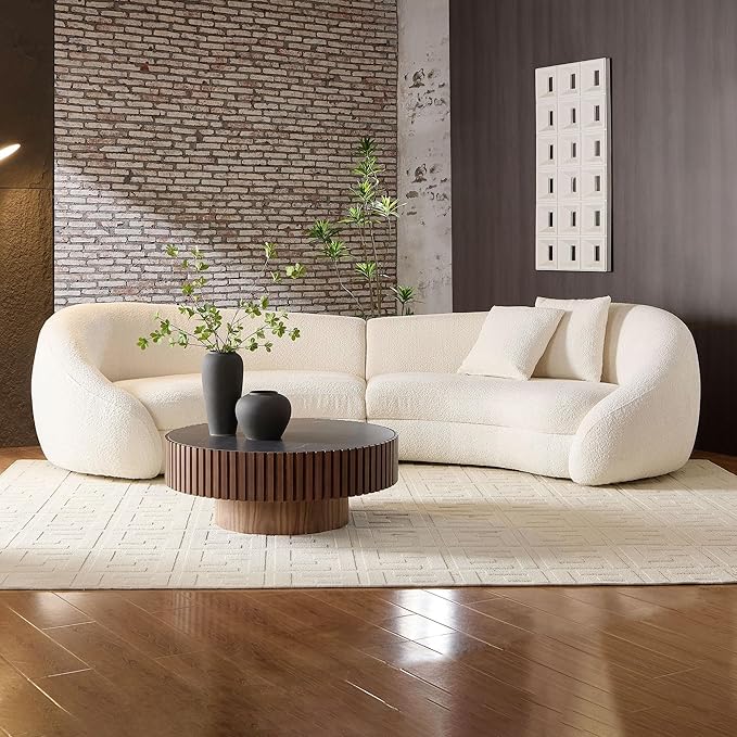 35.43'' Round Coffee Table Wood Circle Coffee Table with Marble Top Pedestal Center Table Fluted Accent Tea Table for Living Room Apartment Office Walnut