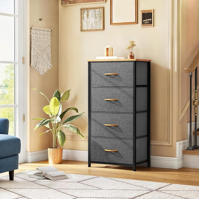 DWVO 4 Drawers Dresser, Dresser for Bedroom, Fabric Storage Tower, Chest of Drawers, Organizer Unit for Closets, Living Room, Sturdy Steel Frame, Wooden Top, Easy Pull Fabric Bins-NeatNest