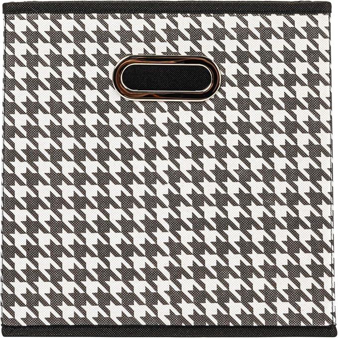 Household Essentials Fabric Storage Cube Bins, 6 Piece Set, Strong Poly-Woven Fabric, Chipboard Sides, Grommet Front Handle, Stackable and Foldable, Classic Design, Black and White Houndstooth