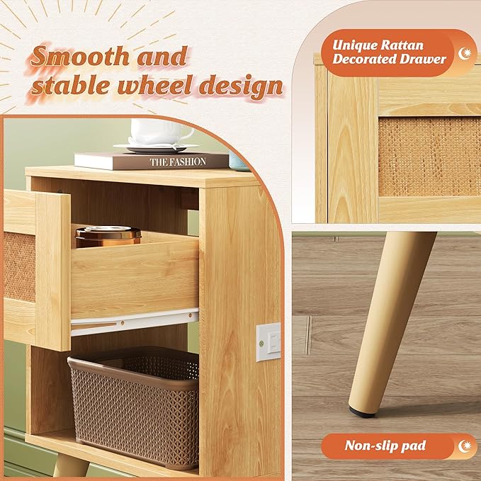WLIVE Rattan Nightstand with Charging Station, Boho Night Stand, Small Bedroom Side Table, End Table with Drawer and Storage, Wood Bedside Tables for Bedroom, Small Spaces, Natural Oak