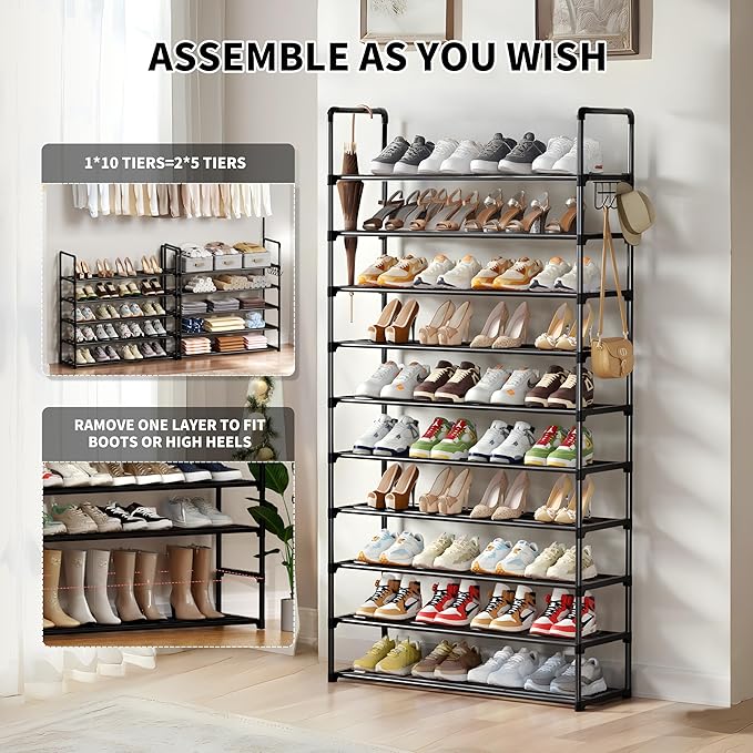 Shoe Rack, 10 Tier Shoe Storage Organizer with Hooks,Fit 40-45 Pairs Shoes,Metal Tall Shoe Shelf for Closet,Entryway, Hallway,Garage,Bedroom,Cloakroom-NeatNest