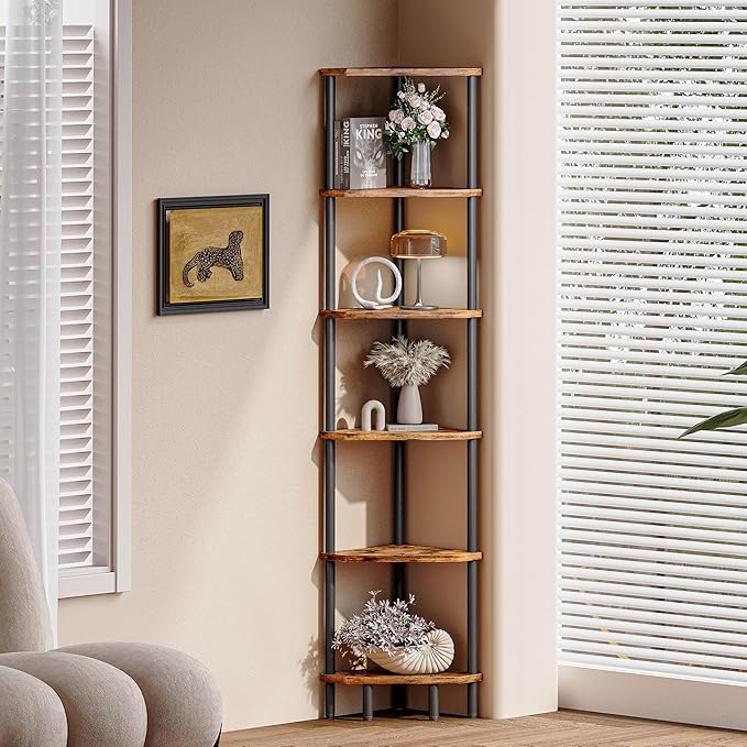 6 Tier Corner Shelf, 66.5'' Tall Standing Shelf, Narrow Display Shelf Stand, Modern Corner Bookshelf, Plant Stand, Corner Bookcase for Living Room, Bedroom, Bathroom, Rustic Brown LCS502R-NeatNest