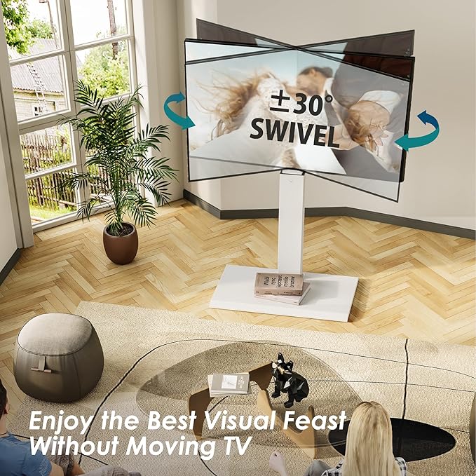 FITUEYES Iron Base Universal Floor TV Stand with Swivel Mount Space Saving for 32-75 Inch LED LCD OLED Plasma Flat Panel or Curved Screen TVs Height Adjustable Wire Management (White)