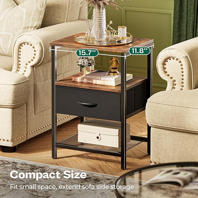 Huuger Night Stand with Fabric Drawer, Side Table with Mesh Shelf, Bedroom Nightstand, Fabric Drawer Dresser, Open Shelf, Metal Frame, Couch Side, Rustic Brown and Black