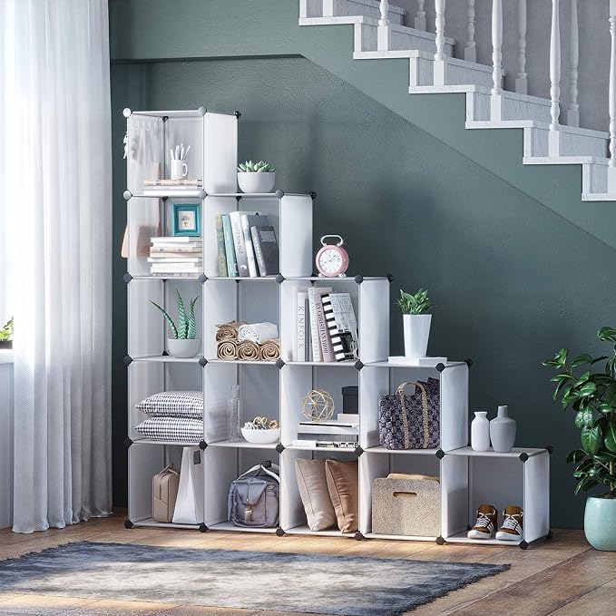 C&AHOME Cube Storage Organizer, 16-Cube Shelves Units, Plastic Storage Cubes, DIY Closet Organizer, Modular Closet Storage Shelves Ideal for Home, 48.4" L × 12.4" W × 48.4" H Transparent SUM3016W