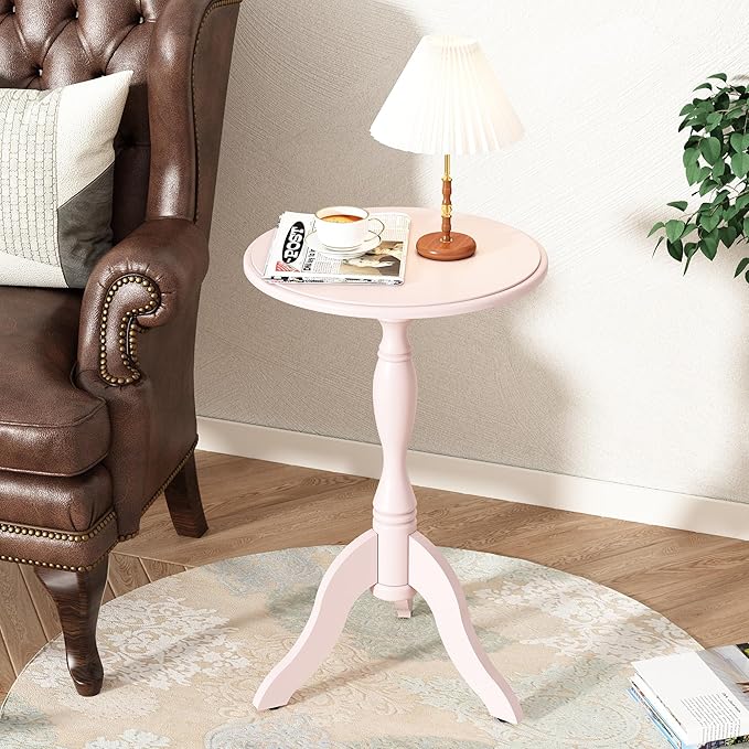 HLR Round Small End Table, Wooden Pedestal Side Coffee Tables, Vintage Accent Nightstand for Living Room, Bedroom, Entryway (1, Pink)