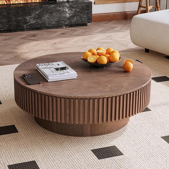 kevinplus 39.37'' Walnut Round Coffee Table Modern Wood Circle Fluted Drum Pedestal Coffee Table with Storage Space for Living Room, Easy Assembly, Walnut