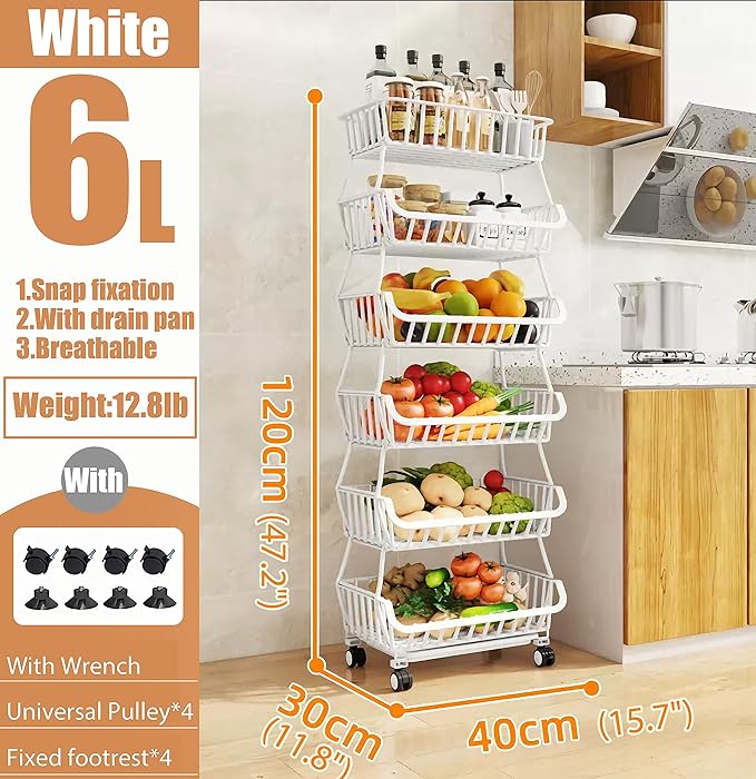 MURRI&MURRDI Fruit Vegetable Storage Basket with Wheels, 6 Tier Stackable Wire Storage Baskets with Wheels Produce Basket for Kitchen Rack Storage Cart for Pantry 6 Tier Fruit Stand (A White)