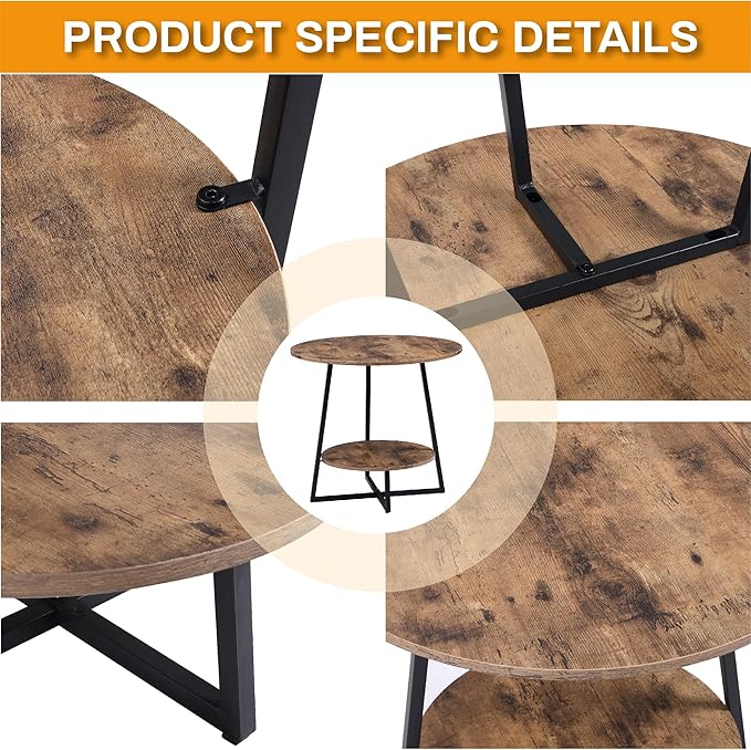D&H FURNIMMT 20" Living Room Side Table Set of 2 for Small Spaces, 2 Tier Wood Top Round End Tables with Storage Shelf, Accent Sofa Table for Bedroom, Office, Sunroom, Balcony, Rustic Brown/Black-NeatNest