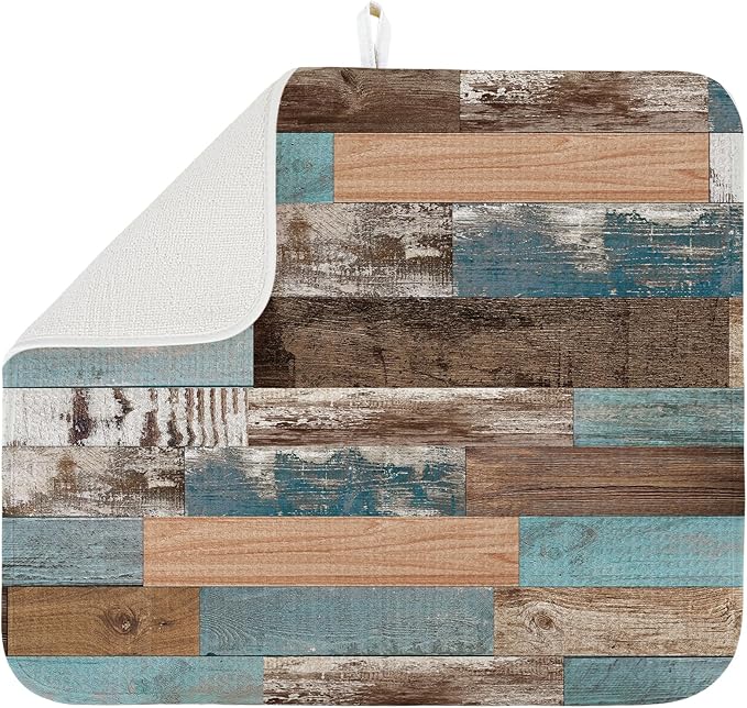 Dish Drying Mat for Kitchen Counter Large 18" x 24" Farmhouse Rustic Wood Absorbent Microfiber Dishes Drainer Rack Mats Pad Reusable Washable