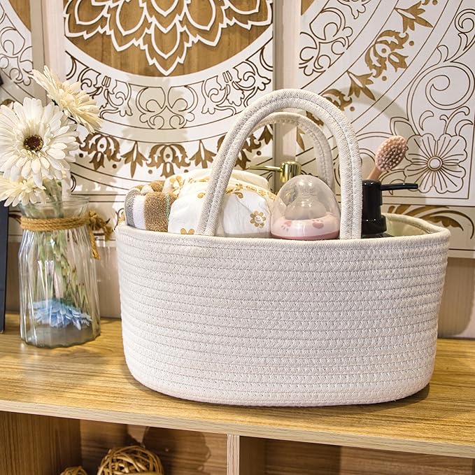 Baby Diaper Caddy Girl Boy Organizer Small Woven Baskets With Handle, Cotton Rope Tote For Shower Nursery, Decorative Medium Storage Baskets For Shelves,Unique Gift Baby