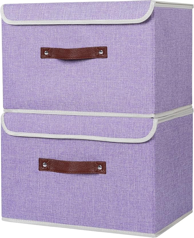 ANMINY 2PCS Storage Bins with Lid PU Leather Handles Storage Boxes PP Plastic Board Decorative Foldable Lidded Cotton Linen Fabric Home Cubes Baskets Closet Organizer Containers - Purple, Large Size-NeatNest