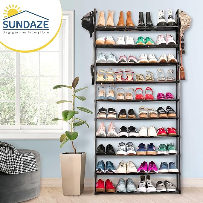 Sundaze Shoe Rack - 10 Tier Metal Shoe Rack for Front Door Entrance, Sturdy Tall Shoe Organizer for Closet, Bedroom, Entryway, Garage, Black Metal Shoe Shelf, Holds Up to 50 Pairs-NeatNest