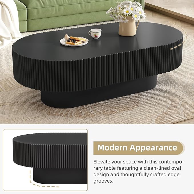 KEVINSPACE Oval Coffee Table for Living Room Modern Wood Center Tables Cocktail Fluted 43.3" W Reception Room Easy Assemble, Black