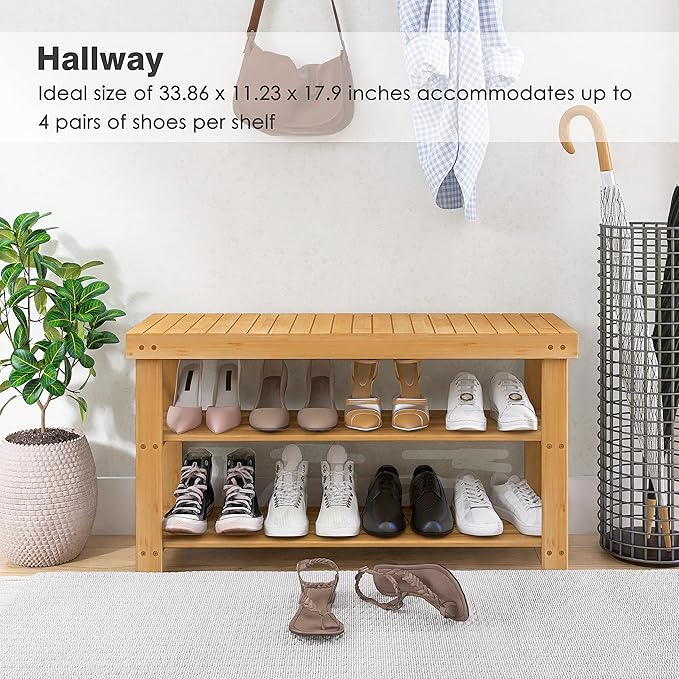 SMIBUY Bamboo Shoe Rack Bench, 3-Tier Shoe Organizer Storage Shelf for Entryway Hallway Bathroom Living Room (Natural)-NeatNest