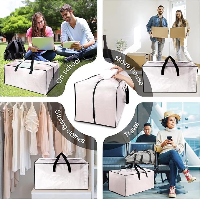 12 Pack Heavy Duty Large Moving Bags W/Backpack Straps - Strong Handles & Zippers, Storage Totes For Space Saving, Fold Flat, Alternative to Moving Box and Storage Bin, Semi-Transparent