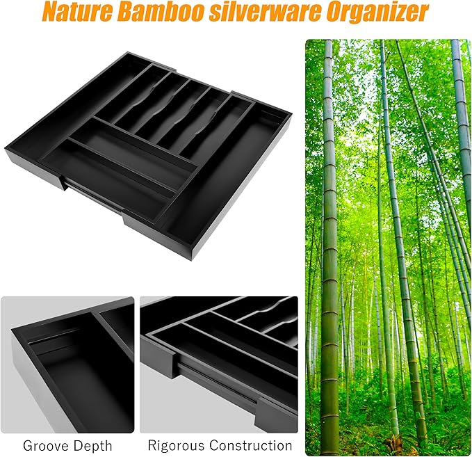 Bellsal Large Premium Bamboo Silverware Organizer - Expandable Utensil Drawer Organizer - 17"x19.6" Utensil Holder and Cutlery Tray with Grooved for Kitchen Flatware and Utensils(7-9 Slot, Black)-NeatNest