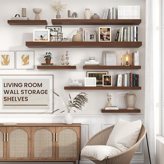 Floating Shelves for Wall, 48"W x 9"D x 1.5"H, 2 Pack of Long Wall Mounted Engineered Wood Shelves with Invisible Brackets for Living Room, Bedroom, Bathroom, Kitchen Decor and Storage, Walnut-NeatNest