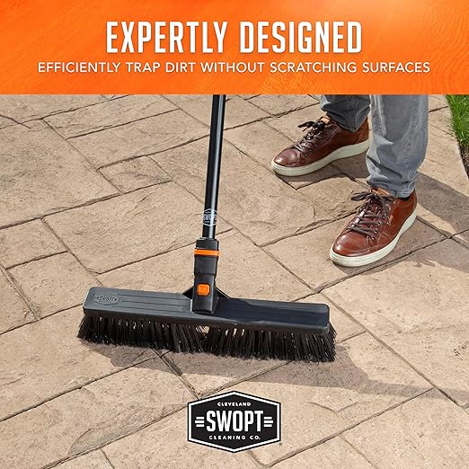 SWOPT 18” Multi-Surface Push Broom + 60" Steel Handle, Standard Combo — Cleaning Head with Interchangeable Long Handle, Works with All SWOPT Cleaning Products — Indoor & Outdoor Push Broom Set, Black