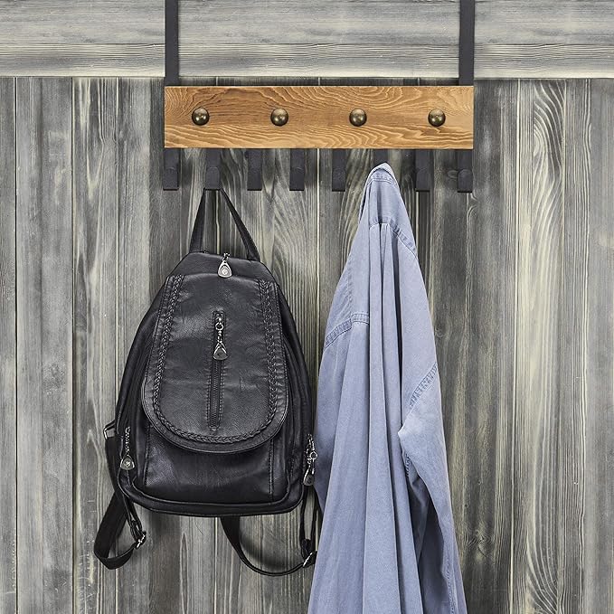 MyGift Heavy Duty Burnt Wood Over The Door Hook Rack Bathroom Towel Rack Sturdy Door Hanger with 8 Black Metal Hooks