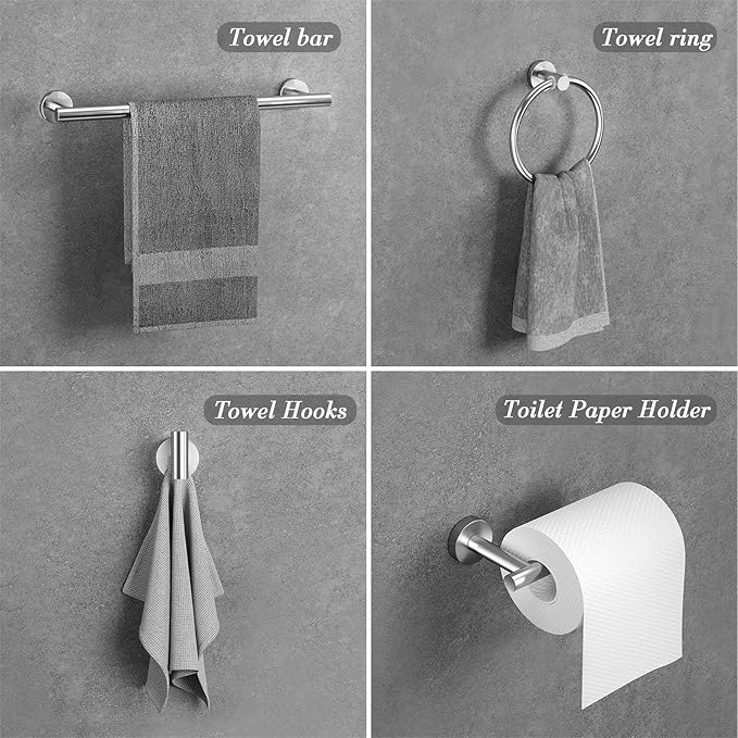 Bathroom Hardware Towel Bar Set -Brushed Nickel Bathroom Accessories Set - Including 16" Hand Towel Bars - Toilet Paper Holders - Towel Rings - Robe Towel Hooks.
