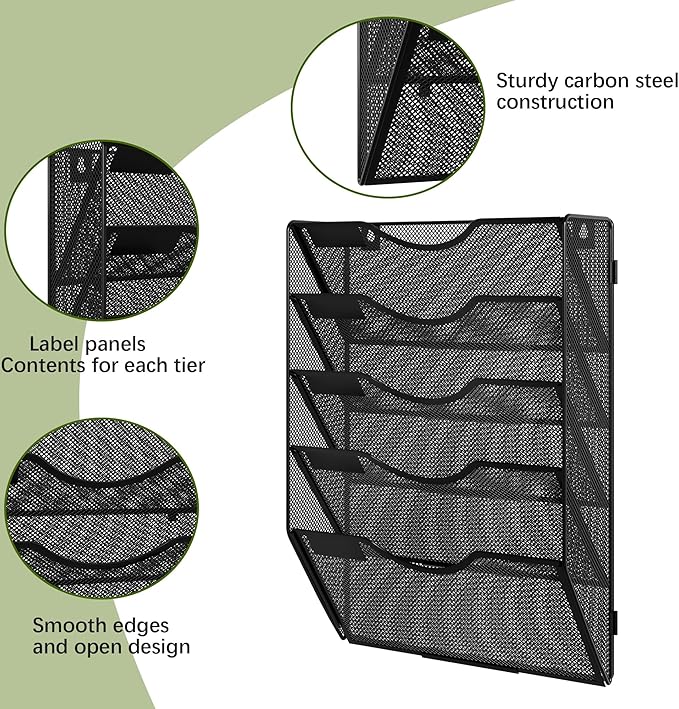 EasyPAG 5 Pocket Wall File Organizer, Black | Metal Mesh Wall Mounted File Holder | Assembly Hanging Mail Organizer | Replaceable Classify Labels | Office Home Letter Size Paper Storage