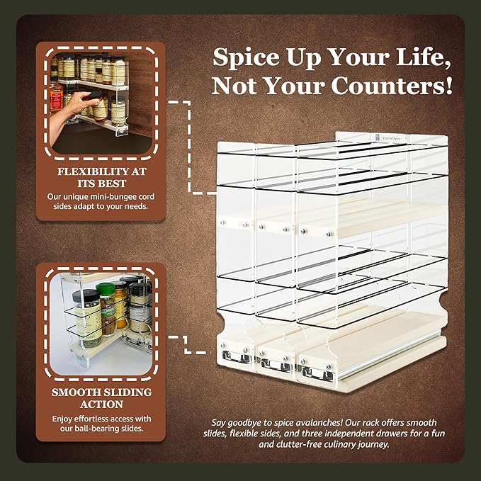 Vertical Spice Cabinet Mounted Spice Rack Organizer - 3 Drawers,15 Reg. & 30 Half Sized Spice Jars - Pantry Organizers & Storage - Pullout Shelf for Kitchen Cupboard (6.9''W x 9.25''H x 10.6"D, Cream)