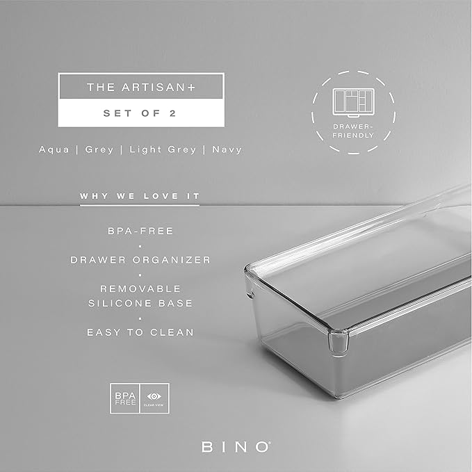 BINO | Oblong Plastic Drawer Organizer Bins, Light Grey- 2 Pack | THE ARTISAN+ | Multi-Use Organizer Bins | Soft-Grip Lining and Non-Slip Rubber Feet | Desk Drawer Organizer | Clear Vanity Organizer-NeatNest
