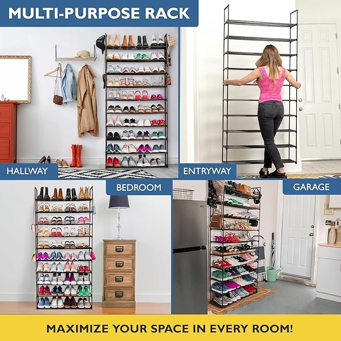 Sundaze Shoe Rack - 10 Tier Metal Shoe Rack for Front Door Entrance, Sturdy Tall Shoe Organizer for Closet, Bedroom, Entryway, Garage, Black Metal Shoe Shelf, Holds Up to 50 Pairs-NeatNest