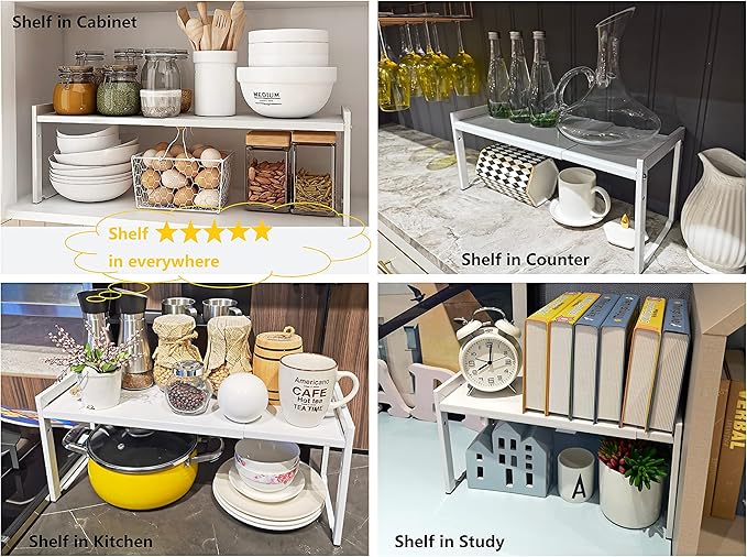 Expandable Cabinet Shelf Organizer 16-26" L Stackable Kitchen Counter Shelf Rack Stand Sink Riser Countertop Storage White (Normal 7.9”D)-NeatNest