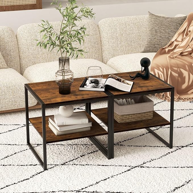 End Table Set of 2, Industrial 2-Tier Side Tables with Open Shelf, 20" Square Coffee Table with Heavy-Duty Metal Frame, Compact Tea Table Nightstand for Living Room, Bedroom, Hallway