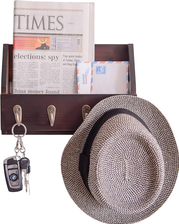 Flintar Wall Mount Key and Mail Holder with 4 Hooks. Made in Taiwan, Solid Wood. Use as Key Rack, Entryway or Mudroom Organizer, Mail & Bill Sorter, Magazine Holder (Walnut)