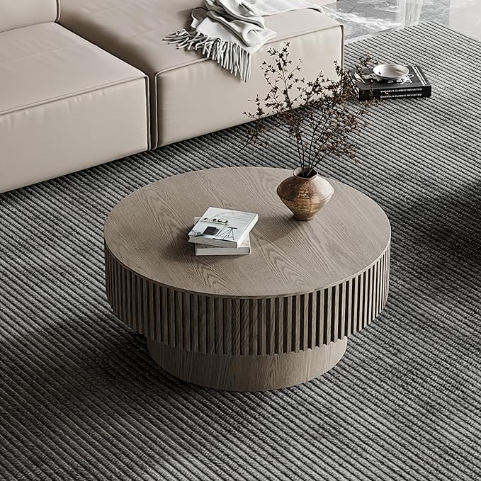 kevinplus 31.5'' Round Coffee Table Modern Wood Coffee Table with Storage Space for Living Room, Contemporary Circle Fluted Drum Pedestal Style, Easy Assembly, Gray (ΓΈ31.49'' x 14'')