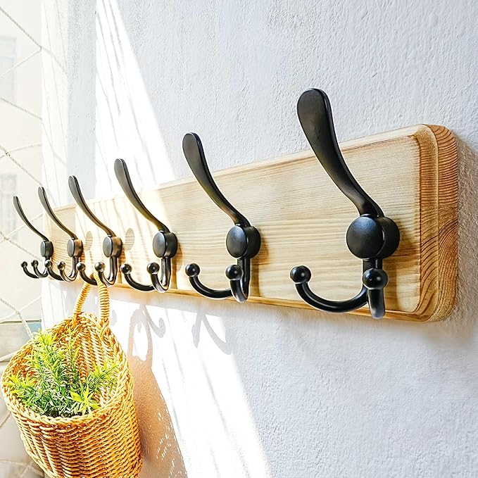 Dseap Coat Rack Wall Mounted - 24" Long 6 Tri Hooks, Heavy Duty Wooden Wall Coat Hanger Coat Hook for Clothes Hat Jacket Clothing, Weathered Light Natural and Black