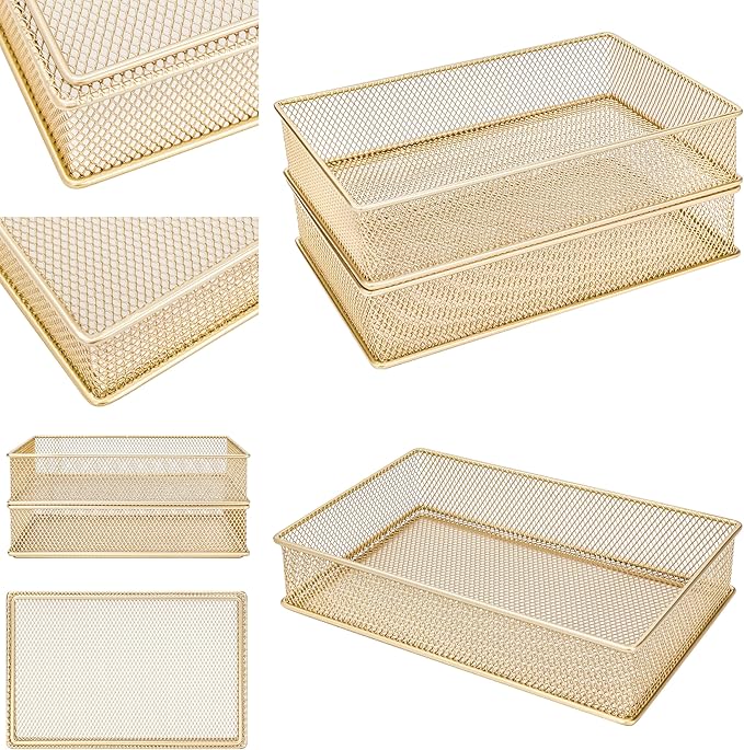 Annova Mesh Stackable Drawer Cabinet and Shelf Organizer Bins Storage Basket School Office Supply Holder Tray- Set of 2 (Gold, 6x9x2 Inch)-NeatNest