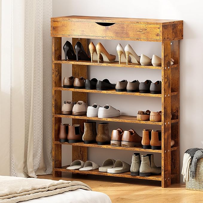 soges 5-Tier Wooden Shoe Rack with Storage Cabinet, 29.5 inches Vertical Free Standing Shoe Shelf, Shoe Organizer Storage Cabinet for Entryway, Living Room, Hallway, Doorway, Rustic Brown-NeatNest
