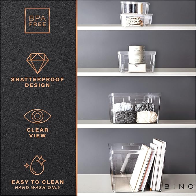 BINO Plastic Storage Containers, Small - 4 Pack THE LUCID COLLECTION, Multi-Use Organizer Bins Built-In Handles BPA-Free Clear, Fridge, Pantry & Home Organization-NeatNest