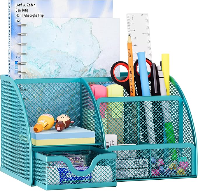 EasyPAG Mesh Desk Organizer, Multi-functional Stationery Organizer for School Supplies, Office Pen Holder for Desk, 6 Compartments Dorm Organization with Drawer, Blue