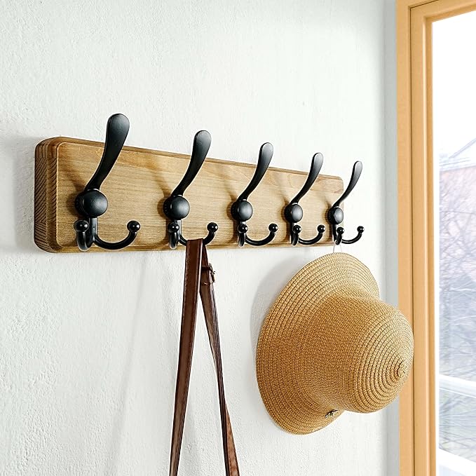 Dseap Coat Rack Wall Mount - Heavy-Duty Robust Barnwood-Style Wooden Wall Coat Hanger Hook Rail with 5 Triple Hooks for Winter Coats Hat Jacket Clothing, Weathered Brown & Black, Pack of 2