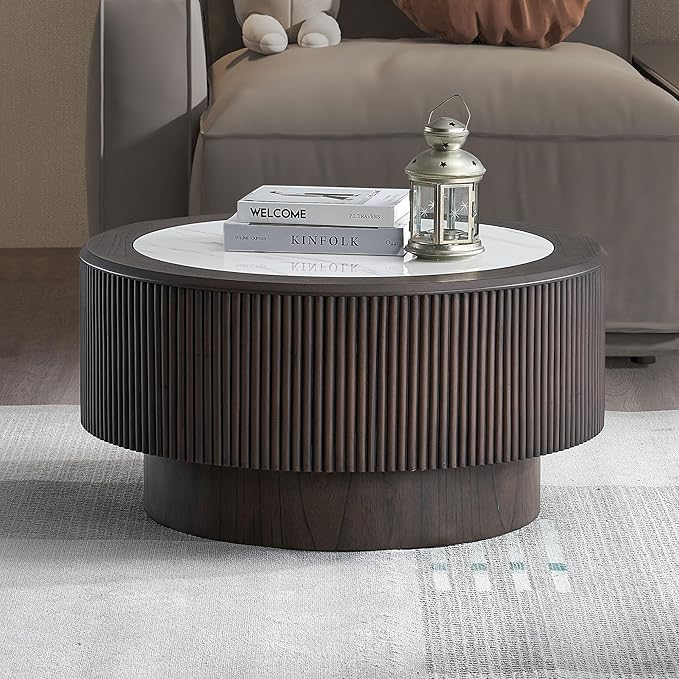 kevinplus ø31.49'' Round Faux Marble Coffee Table & Side End Table Set of 2 for Living Room, Modern Contemporary Circle Drum Embossment Fluted Pedestal Wooden Design, No Assembly (Dark Brown, 2-Pcs)