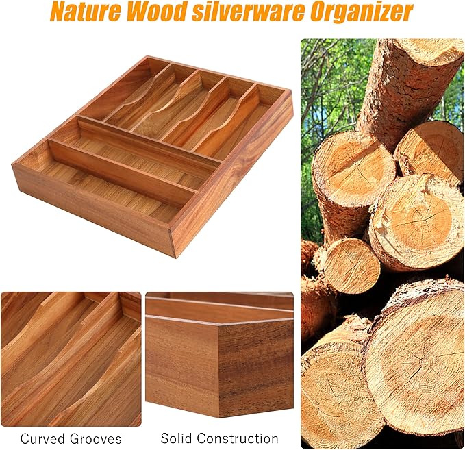 Bellsal Bamboo Silverware Organizer, 12"x15.7" Utensil Holder Cutlery Tray with Grooved Drawer Dividers for Kitchen Flatware, Bedroom, Office (7 Slot, Acacia)-NeatNest