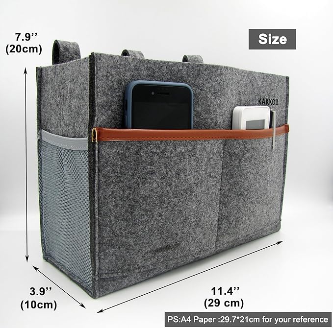 Bedside Caddy, Hanging Storage Bag, Chair Organizer Caddy, Remote, Magazine, Drink Bottle, Cell Phone Holder with Fixed Straps for Hospital Bed, Dorm Bed, Baby Stuff, Office (Grey Small)-NeatNest