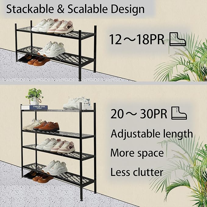 Shoe Rack for Closet, Expandable Shoe Organizer Metal Shelf Stand, 2 Tier Stackable Long Shoe Stand Holder for Floor, Entryway, Garage, Bedroom, Door Entrance for 12-18 Pairs, 45.6in Black-NeatNest