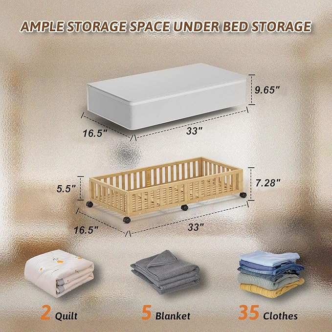 Bamboo Under Bed Storage Containers with Wheels, 2 Pack Large Under the Bed Shoe Storage Bins, Wood Rolling Underbed Drawers Organizer for Bedroom Closet Clothes Blanket Under Crib Toy Nature-NeatNest