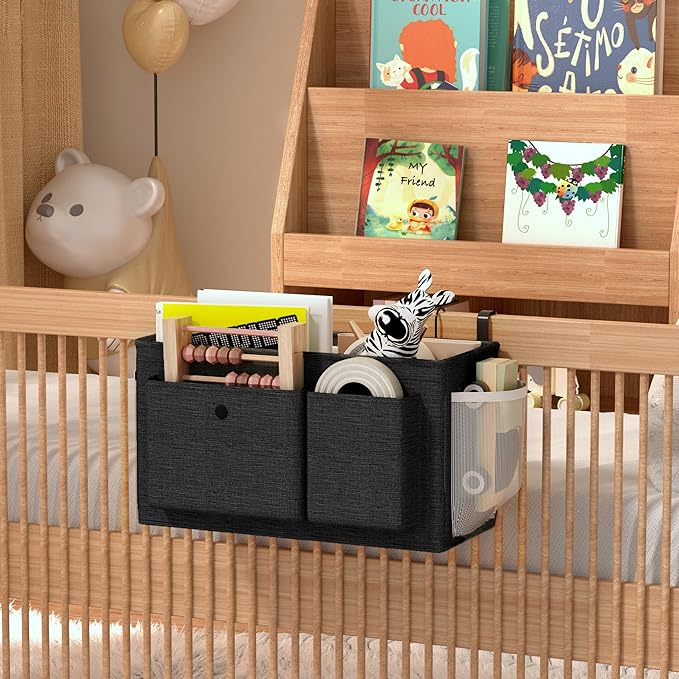Bedside Caddy Bedside Organizer with Fixed Straps & Water Bottle Holder, Bunk Bed Caddy ideal for Home, Dorm, Hospital, Crib, Versatile Bedside Storage Solution (Black 2pcs)-NeatNest