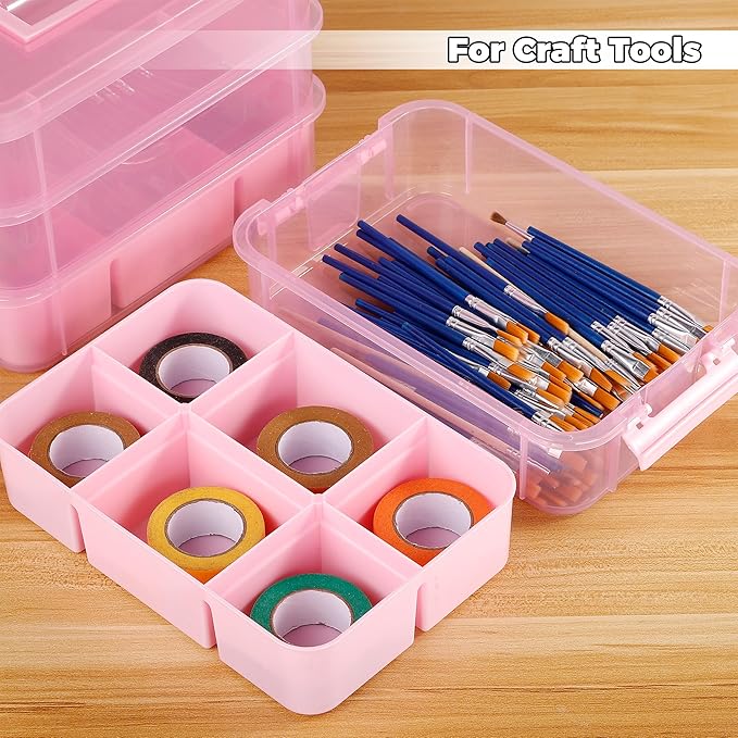 Art Supply Storage Organizer with 2 Removable Trays, 4-Layer 11QT Durable Craft Organizers and Storage for Sewing, Tool, Office Supplies, Art, Craft Supplies(Pink)