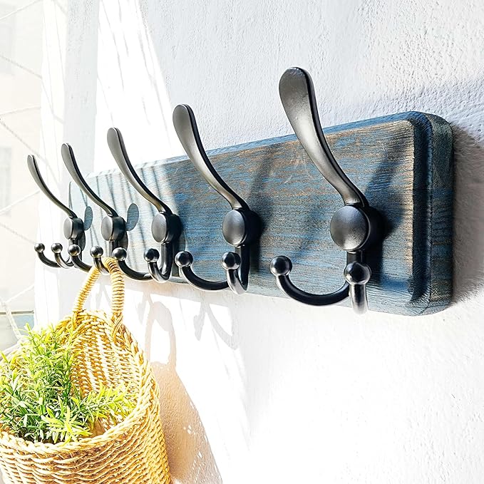 Dseap Coat Rack Wall Mount - Heavy-Duty Robust Barnwood-Style Wooden Wall Coat Hanger Hook Rail with 5 Triple Hooks for Winter Coats Hat Jacket Clothing, Weathered Blue & Black, Pack of 2