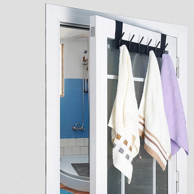 WEBI Over The Door Hooks Door Hanger:Over The Door Towel Rack with 6 Coat Hooks for Hanging,Towel Hanger Door Coat Hanger Door Coat Rack for Towels,Jacket,Clothes,Back of Bathroom,Black