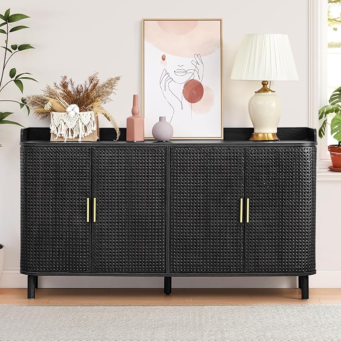 ORRD 4 Doors Storage Cabinet, 2 Tier Wooden Storage Organizer Cabinet with Adjustable Shelf, Sideboard Buffet Cabinets with Iron Curved Doors Accent Shoe Rack for Entryway Hallway Living Room (Black)-NeatNest